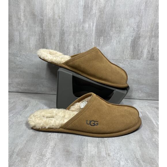 UGG Scuff Slippers Mens Size 13 Chestnut Suede Sheepskin Shearling Lined Slip On - Picture 4 of 9